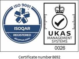 画像：ISO 9001 ISOQAR REGISTERD UKSA MANAGEMENT SYSTEM 0026